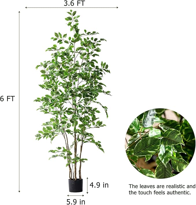 Artificial Ficus Tree Indoor 6ft, Large Potted Faux Tree with Realistic Silk Leaves & Trunk for Home Office, Living Room Corner Decor