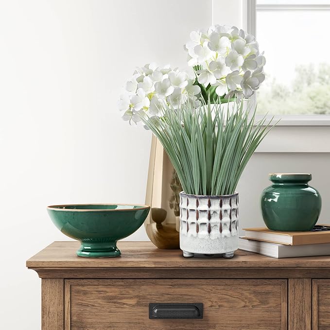 Hollyone Fake Grass Plant in Ceramic Pot Artificial Potted Plants Small Faux Plants for Home Decor Realistic Green Grass House Living Room Bedroom Bathroom Office Indoor & Outdoor Greenery Decoration