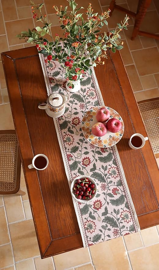 ISAENNE Designer Provence Elegant Linen Table Runner 87 Inches Long,Flower and Leaves Pattern Durable Table Runners for Dining Tables,Thanksgiving,Kitchen Tables,Christmas,12"*87"-Ratina