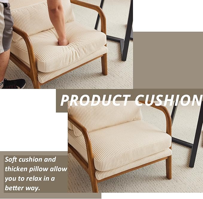 Karl home Mid-Century Modern Accent Chair, Living Room Chairs with Pillow Corduroy Upholstered Lounge Armchair with Solid Wood Frame & Soft Cushion for Bedroom, Reading Room, Beige