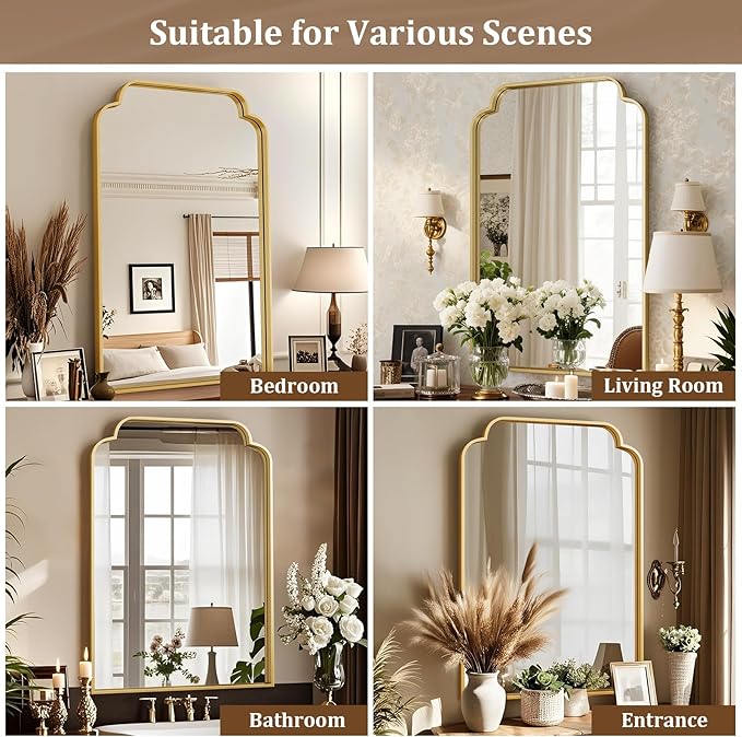 24" x 36" Gold Arch Bathroom Mirror, Wall Mounted Vanity Mirror with Metal Frame, Modern Scalloped Wall Mirror for Sink, Bedroom, Living Room, Entry, Farmhouse Home