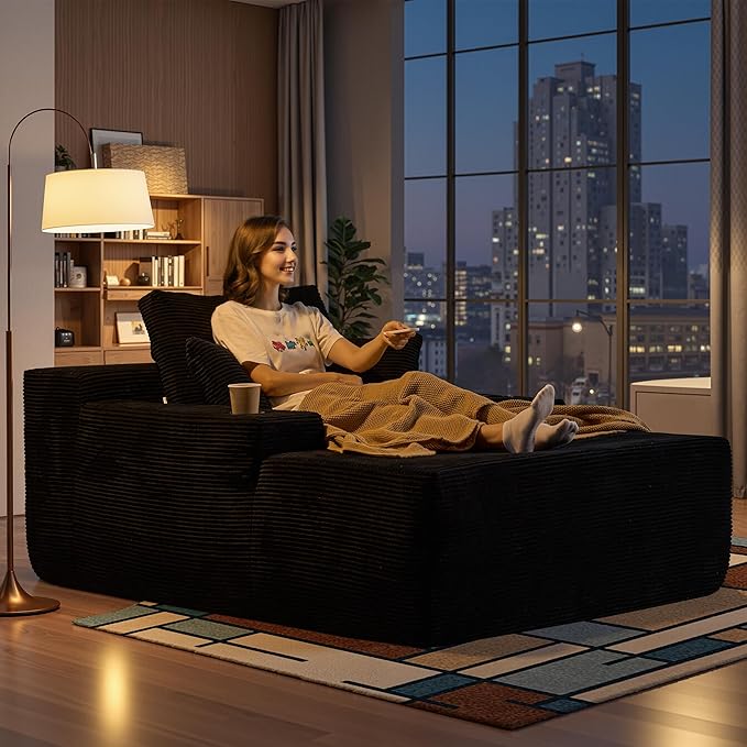 Chaise Lounge Chair Indoor, 67" Oversized Comfy Corduroy Sleeper Sofa Bed with Cup Holders and Wide Armrests, Boneless Upholstered Recliner Bed, Modern Cloud Couch for Living Room, Black