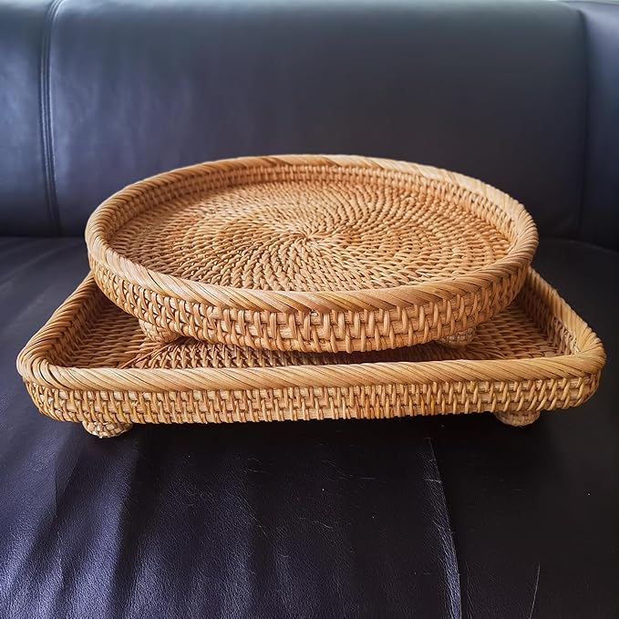i-lan 12.5" Square Rattan Serving Basket - Square Woven Bread, Fruit, Keys Bowl Pedestal Stand with 1”Side,Flat Wicker Decorative Snack Basket Trays for Candy Dish,Rustic Platter,Display Riser