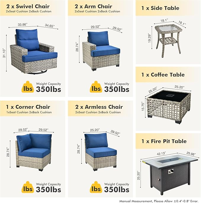 HOOOWOOO Outdoor Sectional Patio Furniture Set with Fire Pit Table,10 Pieces Wicker Conversation Sets L Shaped Couch,Extra Deep Out Door Sofa Outside Furniture with Swivel Chairs,Navy Blue