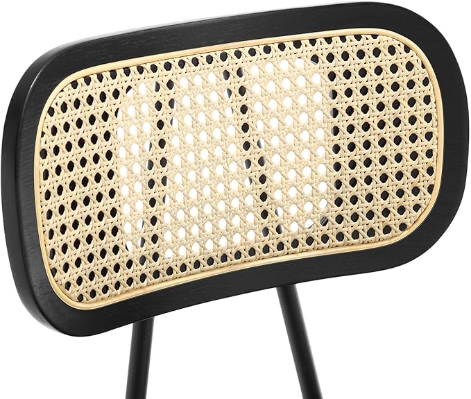 Counter Height Bar Stools, 26" PU Leather Upholstered Rattan Barstools, Mid Century Modern Bar Chairs with Black Wood Legs, Armless Walnut Kitchen Island Dining Bar Chair, Black