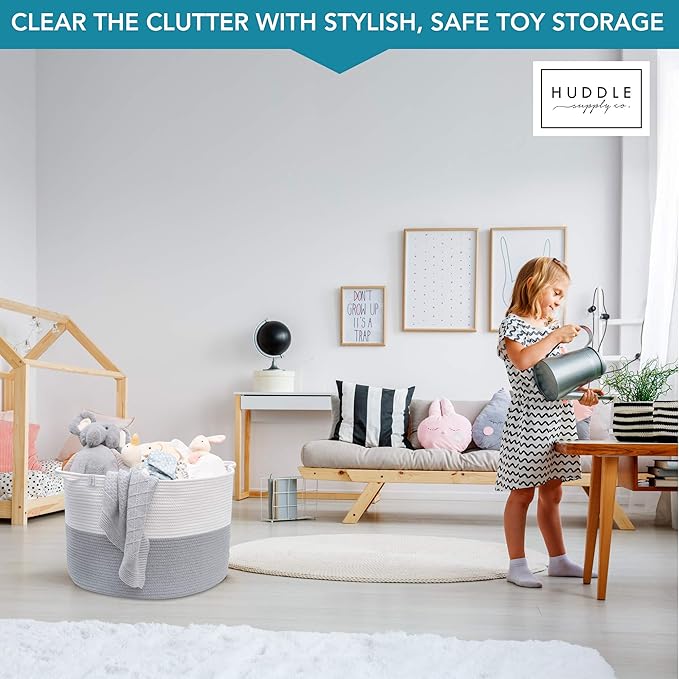 XXXL WASHABLE Large Blanket Basket 85L 2PCs Handmade Decorative Woven Baskets for Storage - Soft Durable XXX Large Cotton Rope Blanket Storage for Living Room, Toys, Organizer 22" x 14" (Grey/White)