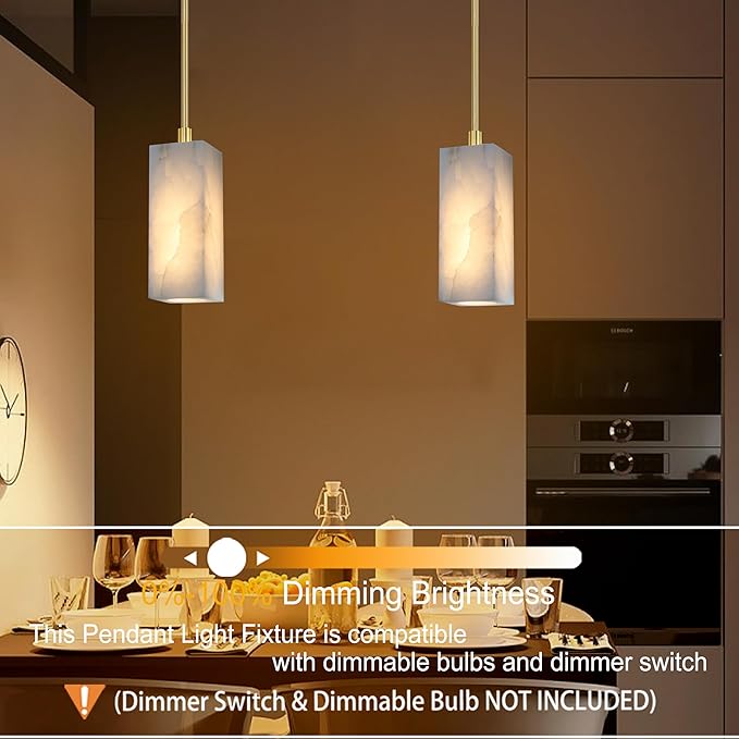 1 Light Modern Industrial Farmhouse Hanging Kitchen Island Pendant Ceiling Light Fixture,Square Cylinder Natural Alabaster Marble Brushed Bronze Finish Over Sink Restaurant bar Corridor