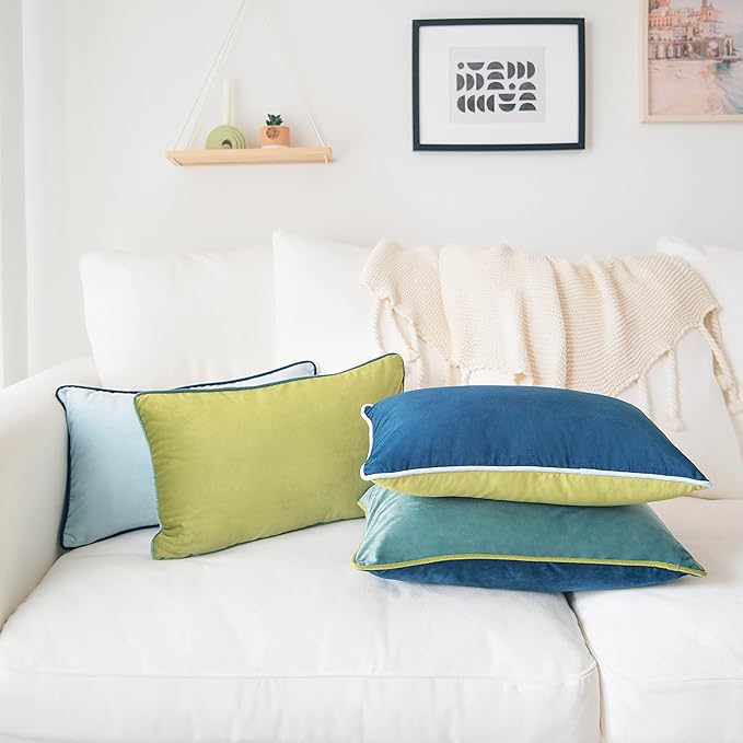 MONDAY MOOSE Decorative Throw Pillow Covers Cushion Cases, Set of 4 Soft Velvet Modern Double-Sided Designs, Mix and Match for Home Decor, Pillow Inserts Not Included (12x20 inch, Green/Blue)