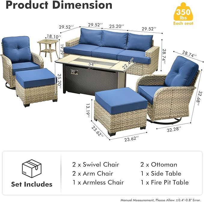 HOOOWOOO Outdoor Sectional Patio Furniture Set with Fire Pit Table,9 Pieces Wicker Conversation Sets,Extra Deep Out Door Sofa Outside Furniture Couch Swivel Chairs Ottoman,Navy Blue