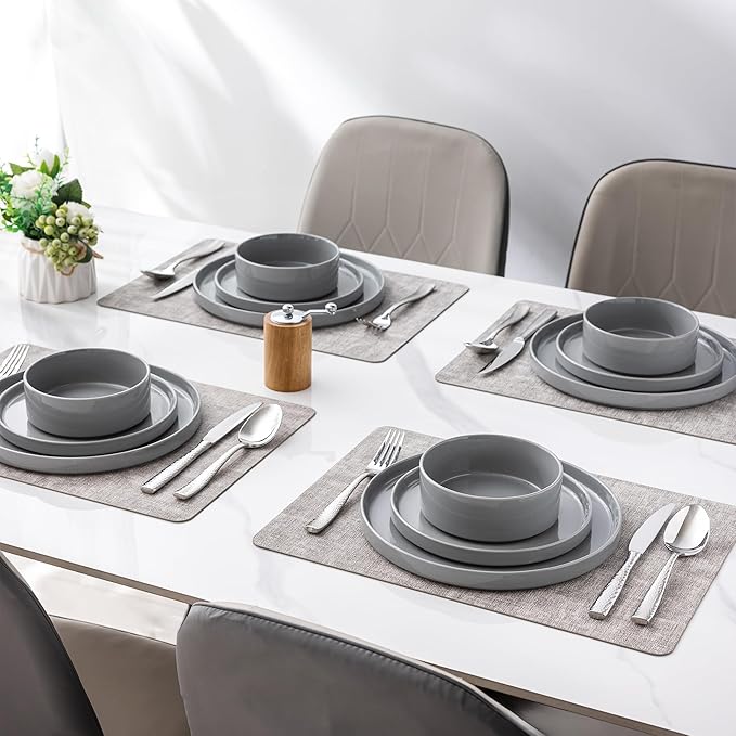 Dinnerware Set for 4, 12 Piece Speckled Plates and Bowls Set with Glazed Bottom, Chip & Scratch Resistant Stoneware Plates Sets, Dishwasher & Microwave Safe Dishes (Limestone, Service for 8)