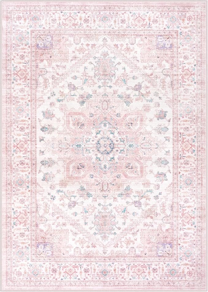 LIVEBOX Pink Washable Area Rug 5x7 - Large Vintage Tribal Living Room Non-Slip Indoor Carpet for Bedroom, Low-Pile Retro Print Distressed Accent for Nursery Dorm Home Decor