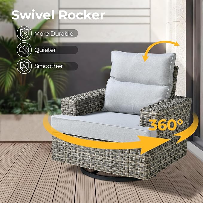 HOOOWOOO Outdoor Sectional Patio Furniture Set with Fire Pit Table,10 Pieces Wicker Conversation Sets L Shaped Couch,Extra Deep Out Door Sofa Outside Furniture with Swivel Chairs,Light Gray