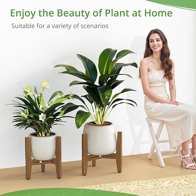 LUE BONA 2 Pack HDPS Plant Stand, Adjustable Plant Stand Indoor for 8-12 Inches Pots, Mid Century Modern Plant Holder for Indoor, Outdoor, Teak Finish