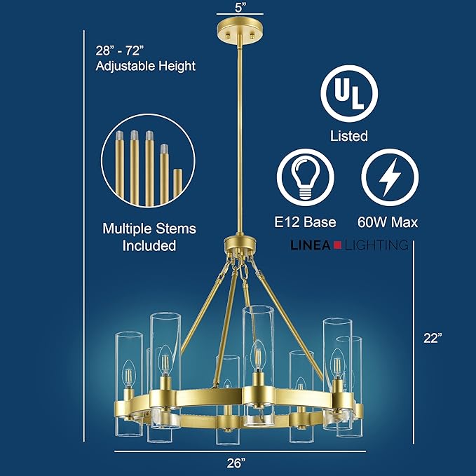 Linea di Liara Teramo Gold Chandelier Dining Room Light Fixture Small Wagon Wheel Chandelier Round Industrial Modern Farmhouse Chandeliers for Dining Room Foyer, Clear Glass, UL Listed