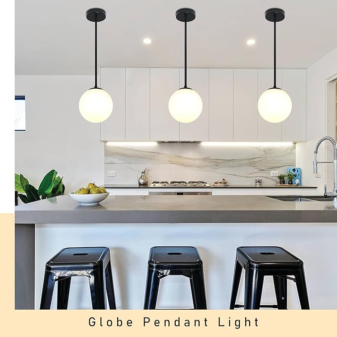 8" Globe Pendant Light Black Mid Century Modern Light Fixture Milk Glass Pendant Light Globe Pendant Lights Kitchen Island Matte Black Finished with Milk Glass Lampshade for Dining Room