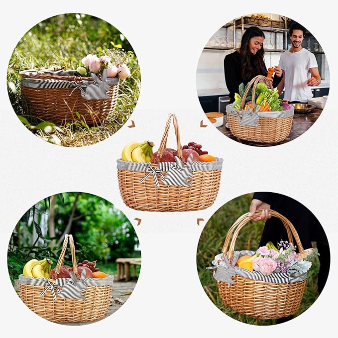 G GOOD GAIN Oval Picnic Basket with Folding Handles, Willow Hand Woven Shopping Basket, Bath Toy Kids Toy Storage Gift Packing Basket, Wicker Empty Easter Eggs and Candy Small Gift Basket. Grey