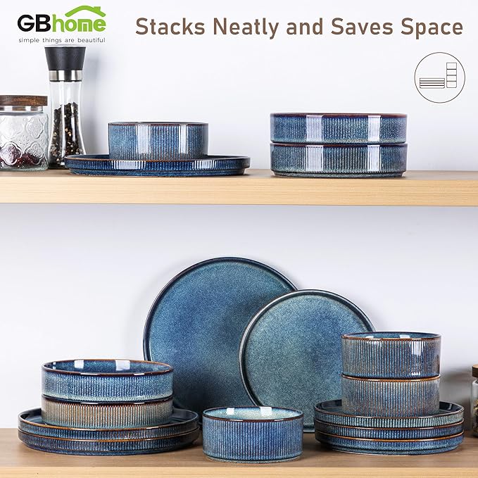 GBHOME Stoneware Dinnerware Sets for 8,Round Reactive Glaze Ceramic Plates and Bowls Set,Highly Scratch Resistant| Dishwasher & Microwave Safe Dishes Set,Service for 8(24Pcs)
