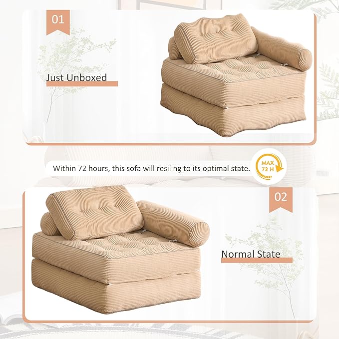 Plus Futon Sofa Bed for Small Spaces, Floor Couch with Armrest, Folding Sofa Couch, Convertible Sleeper Chair Bed with Pillow, Portable Comfy Floor Lounge for Living Room and Bedroom, Camel