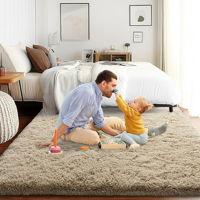 4x6 Area Rug for Bedroom, Soft Rugs for Living Room Nursery Kids Room Dorm Home Decor Aesthetic, Fluffy Shaggy Rug with 4 Anti-Slip Carpet Tapes, Light Tan