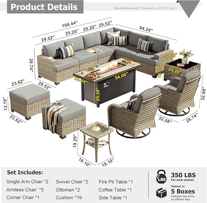 HOOOWOOO Outdoor Sectional Patio Furniture Set with Fire Pit Table,13 Pieces Wicker Conversation Sets L Shaped Couch,Extra Deep Out Door Sofa Outside Furniture with Swivel Chairs Ottoman,Charcoal Gray