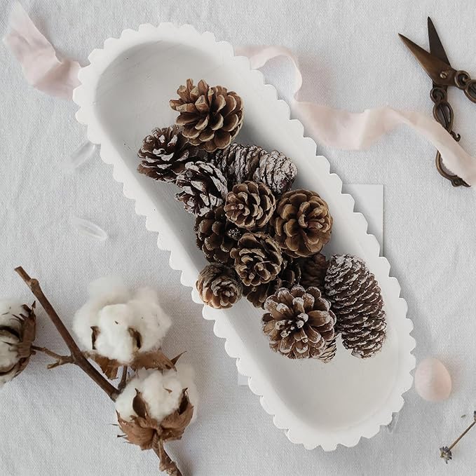 Oakrain Wooden Decorative Bowl, Dough Bowl for Home Decor, 16" Table Centerpiece Bowl with Hand Carved Vertical Stripes for Farmhouse Boho Rustic Style, White