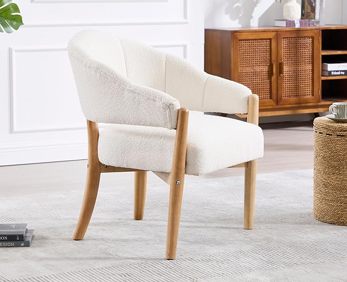 EALSON Modern Barrel Accent Chair Boho Boucle Living Room Arm Chair with Wood Legs Cozy Sherpa Upholstered Reading Armchair Comfy Lounge Side Chair for Bedroom Waiting Room, White