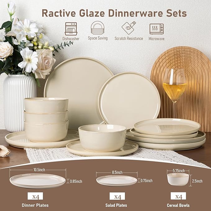 GBHOME Ceramic Dinnerware Sets for 4, 12 Pieces Stoneware Plates and Bowls Sets, Scratch Resistant Dishes, Dishwasher & Microwave Safe, Reactive Glaze-Vanilla color