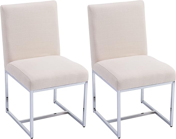 VESCASA Linen Upholstered Dining Chairs Set of 2, Mid Century Modern Padded Chair with Chrome Metal Frame for Restaurant, Dining Room, Kitchen, Cream