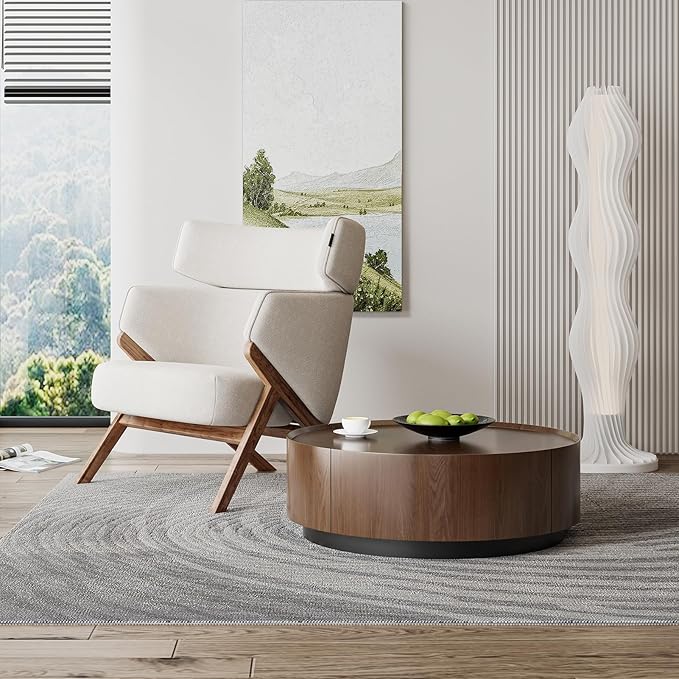 35.4'' Modern Round Coffee Table for Living Room, Fully Assembled Solid Wood Drum Center Table with Hidden Drawers Pefect for Small Space,Apartment No Assembly Elegant Walnut Finish