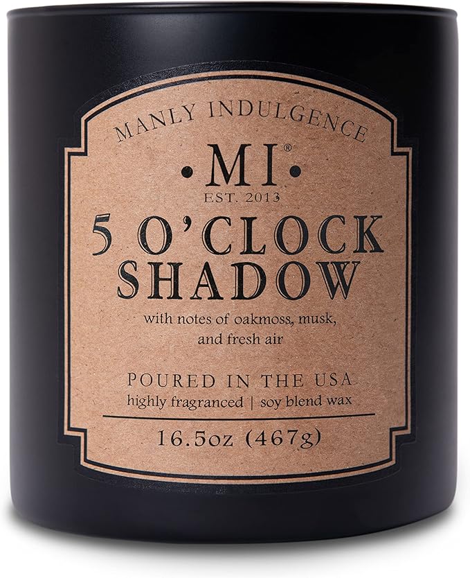 Manly Indulgence 5 O'Clock Shadow Scented Candle for Men 16.5 oz | 2 Wick & 2X Intense Fragrance | Oakmoss, Musk & Fresh Air | Up to 60 Hour Burn, Soy Blend Wax, USA Poured, Black
