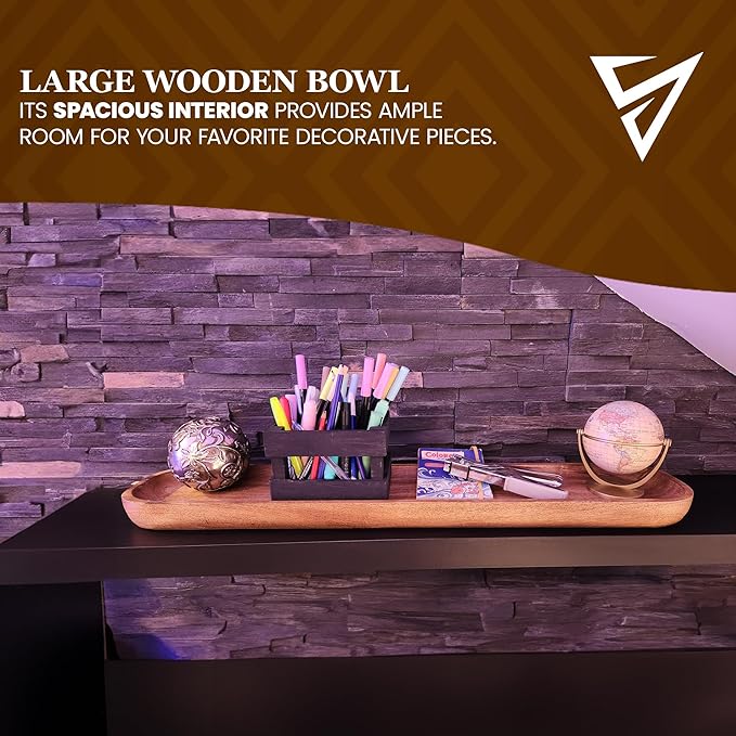 Wooden Dough Bowl - 30'' x 6'' x 3'' - Hand Carved Solid Wood Decorative Tray, Rustic Farmhouse Style, 5.0 oz Capacity - Gift Box Included