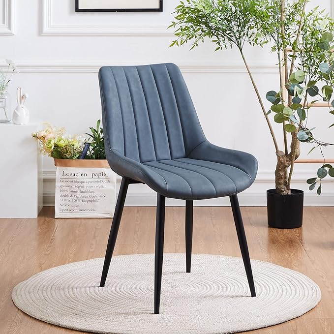 TUKAILAi Faux Leather Dining Chairs Set of 4, Modern Linear Design Kitchen Chairs with Upholstered Seat and Metal Legs, Comfortable Side Chairs for Dining Room Restaurant Commercial (Blue)