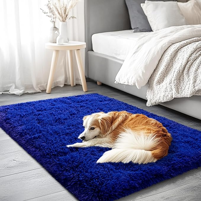 Blue Area Rug for Bedroom, Small 2x3 Rugs for Living Room Nursery Kids Room Dorm Home Decor Aesthetic, Fluffy Shaggy Rug with 4 Anti-Slip Carpet Tapes, Navy Blue