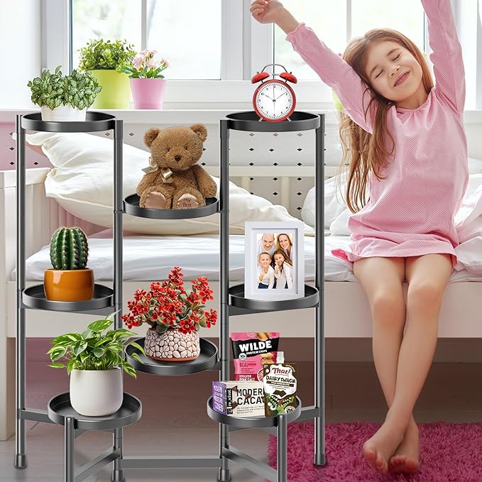 5 Tier Plant Stand Indoor Tall, Adjustable Black Plant Shelf for Multiple 8 Potted Flower Plants Holders, Corner Metal Flower Display Rack for Patio Garden Balcony Living Room Office (A)