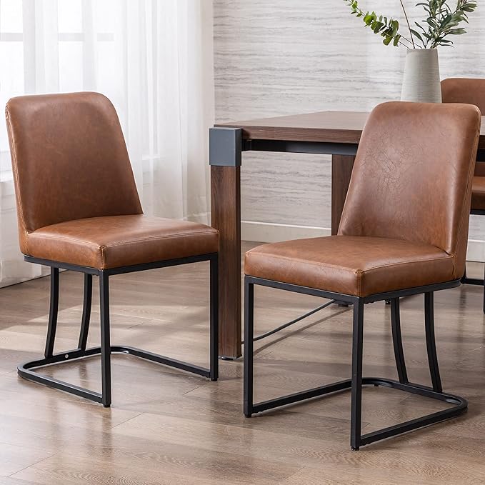 VESCASA Faux Leather Upholstered Dining Chairs with Back, Mid Century Modern Chairs with Black Metal Frame for Dining Room, Restaurant, Kitchen, Set of 4, Brown