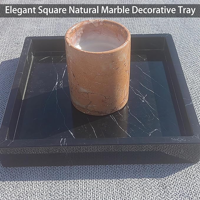 Square Natural Marble Vanity Tray: Luxury 8x8 Polished Organizer for Bathroom Kitchen Dresser Makeup Jewelry Coffee Table Home Decor, Black