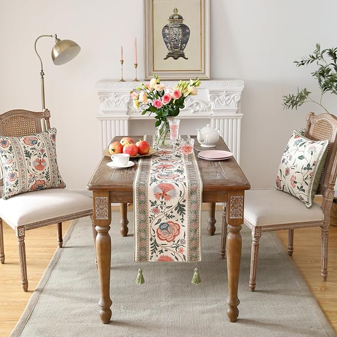 ISAENNE Designer Vintage Linen Extra Long Table Runner 118 Inches,Elegant Floral Pattern Wrinkle Resistant Table Runners for Dining Tables,Thanksgiving,Kitchen Tables,Christmas,12"*118"-Daffy B