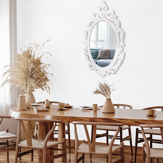 Oval Wooden Mirrors with Frame White Vintage Wall MirrorArendahl Traditional Carved Baroque Style Hanging Mirror for Wall Antique Decorative Mirror for Vanity Bedroom Living Room Bathroom Entryway