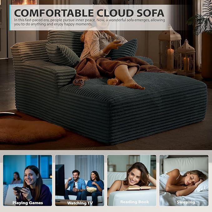 Oversized Chaise Lounge Chair Indoor, Corduroy Sofa Bed with Throw Pillows, Cozy Cloud Couch, Upholstered Sleeper Sofa Couch for Living Room, Bedroom, Apartment, Dark Gray