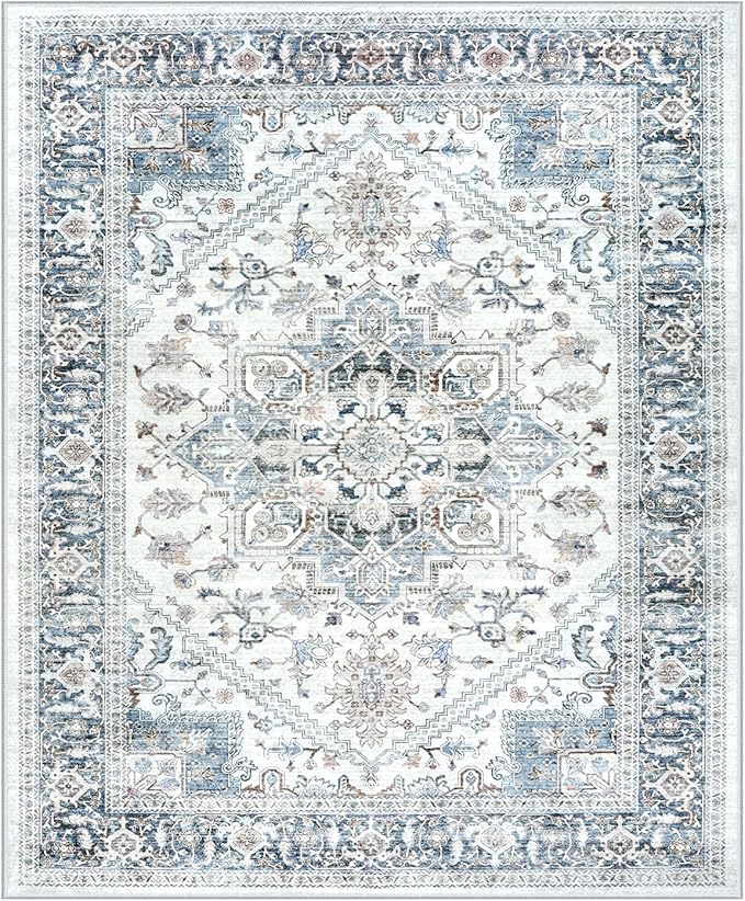 LIVEBOX Washable Area Rug 8x10 - Large Blue Vintage Tribal Living Room Rug Oriental for Bedroom, Non-Slip Retro Medallion Carpet Print Distressed for Dining Room Guest Office
