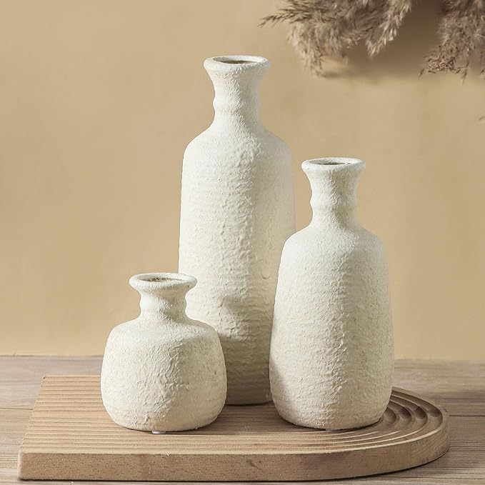 Ceramic Vase Set of 3, Neutral Rustic Vases Home Decor Farmhouse Decorative Vase Whitewashed Pottery Decor Boho Modern for Table Mantel Entryway Bookshelf Living Room Kitchen Bathroom Bedroom - White