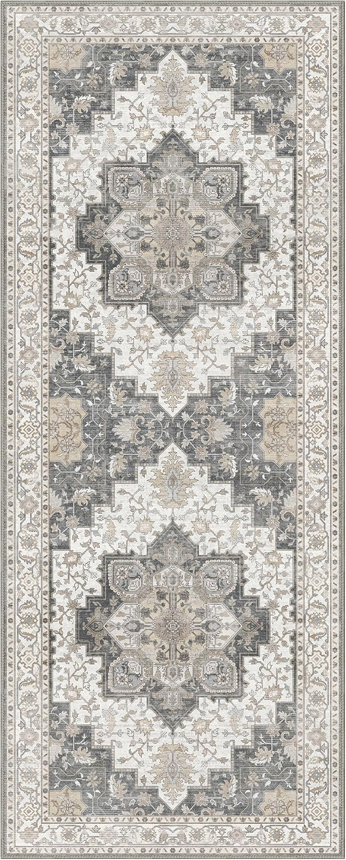 GENIMO 2'6''x10 Runner Rugs for Hallway, Machine Washable Non Slip Vintage Rugs, Low Pile Lightweight Soft Print Rug for enrtyway, Corridor, Home Office, Kitchen, Heathered Grey