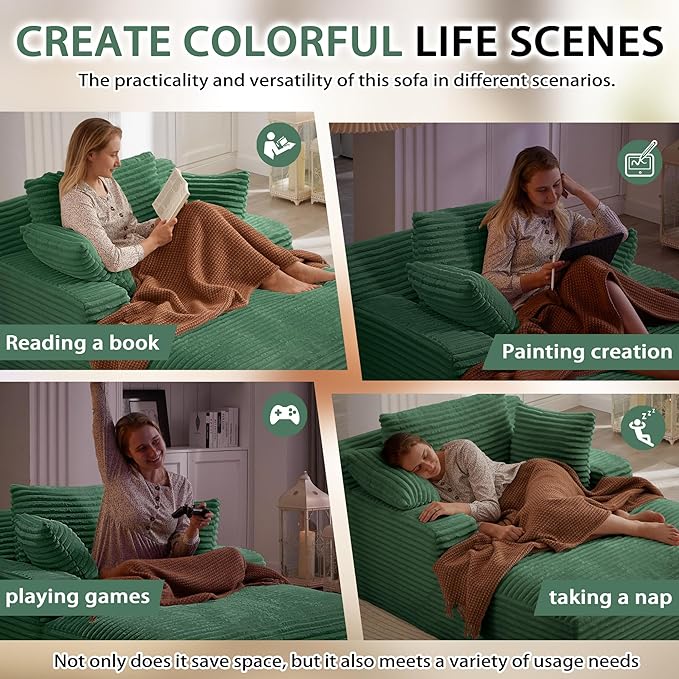 Boneless Couch Sofa Chiar Chaise Lounge Chair Indoor Upholstered Corduroy Couch Cloud Sleeper Sofa Oversized Reading Chair for Living Room No Assembly Required (Green, 50" W x 67" D)