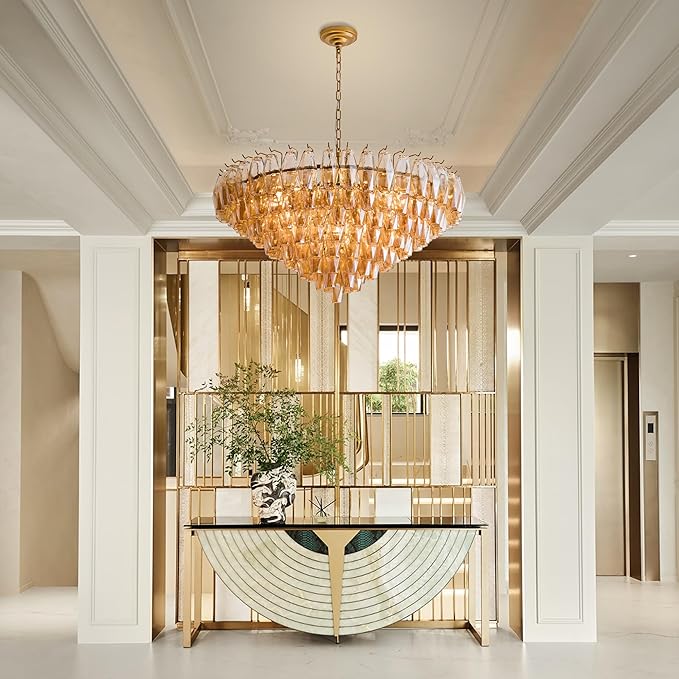 37" Extra Large Chandelier, 14-Light Gold Modern Round Chandelier for Living Room, Tiered Smoke Blown Glass Brass Chandeliers, Hanging Light Fixture for Bedroom, Dining Room, Foyer, Entryway