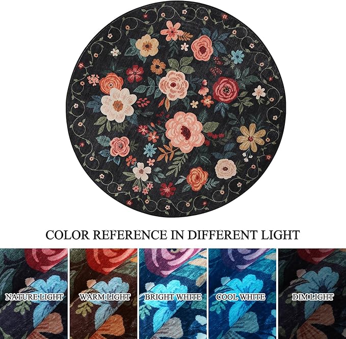 DUKINO Floral Round Rug, 6ft Washable Circle Rug, Non Slip Indoor Low Pile Circle Rug, Soft Small Boho Design Carpet for Bedroom, Entryway, Living Room, Dining Room, Black