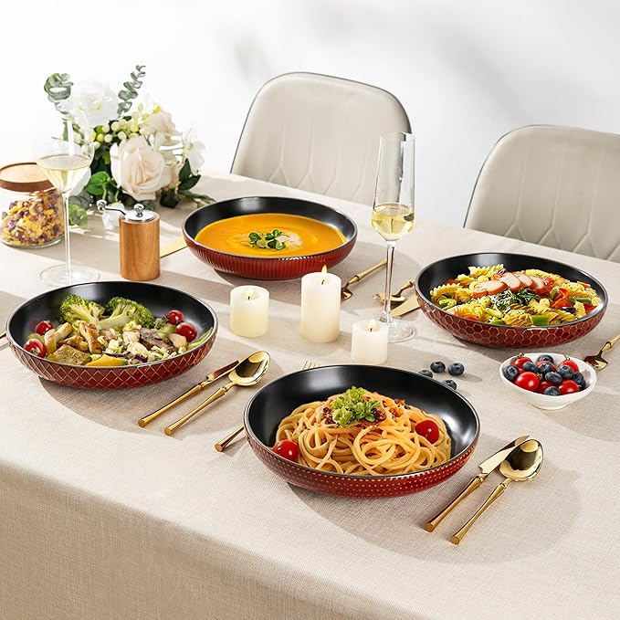 GBHOME 9.5'' Large Pasta Bowls, 42 Ounce Stoneware Salad Bowls for Kitchen, Ceramic Serving Bowls With Textured Pattern for Pasta,Fruit, Stews,Noodle, House-warming Gift, Set of 4-Rythmic Red