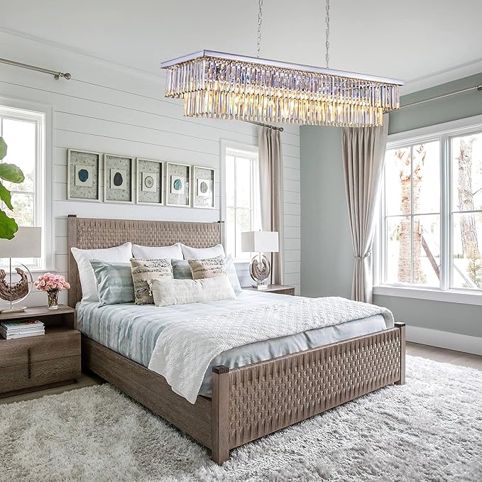 Wellmet Chrome Chandelier 57 inch, 13-Light Modern Rectangular Crystal Chandelier Ceiling Hanging, Linear Chandeliers Light Fixture for Living Room, Dining Room, Bedroom, Kitchen Island