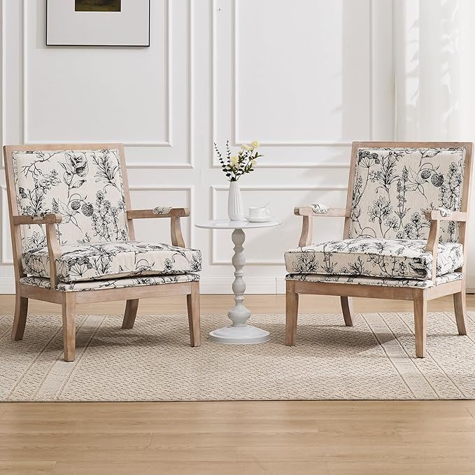 Floral Accent Chair Mid-Century Modern Living Room Chairs Upholstered Fabric Reading Chair Lounge Armchair with Solid Wood Frame & Removable Cushion for Bedroom, Balcony, Floral Pattern