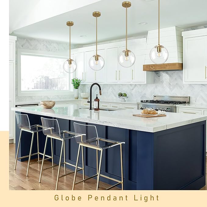 8" Globe Pendant Light Gold Mid Century Modern Light Fixture Clear Glass Pendant Lights Kitchen Island Modern Pendant Lights Brushed Brass Finished with Clear Glass Lampshade for Bedroom