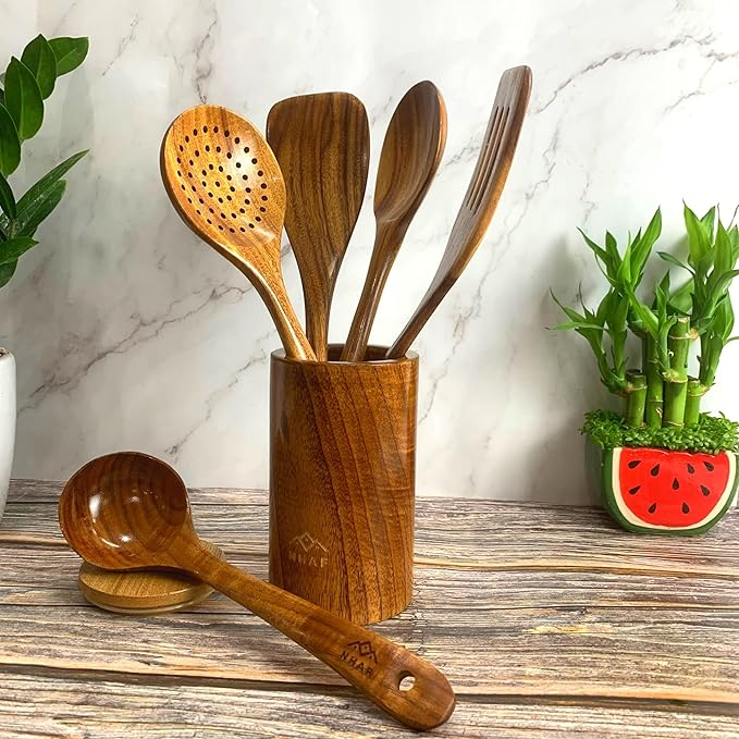 Premium Teak Healthy Spoons, Durable Eco-friendly Spatula, Wooden Utensils Set with Holder & Canvas Bag, Wooden Cooking Gifts for Mom